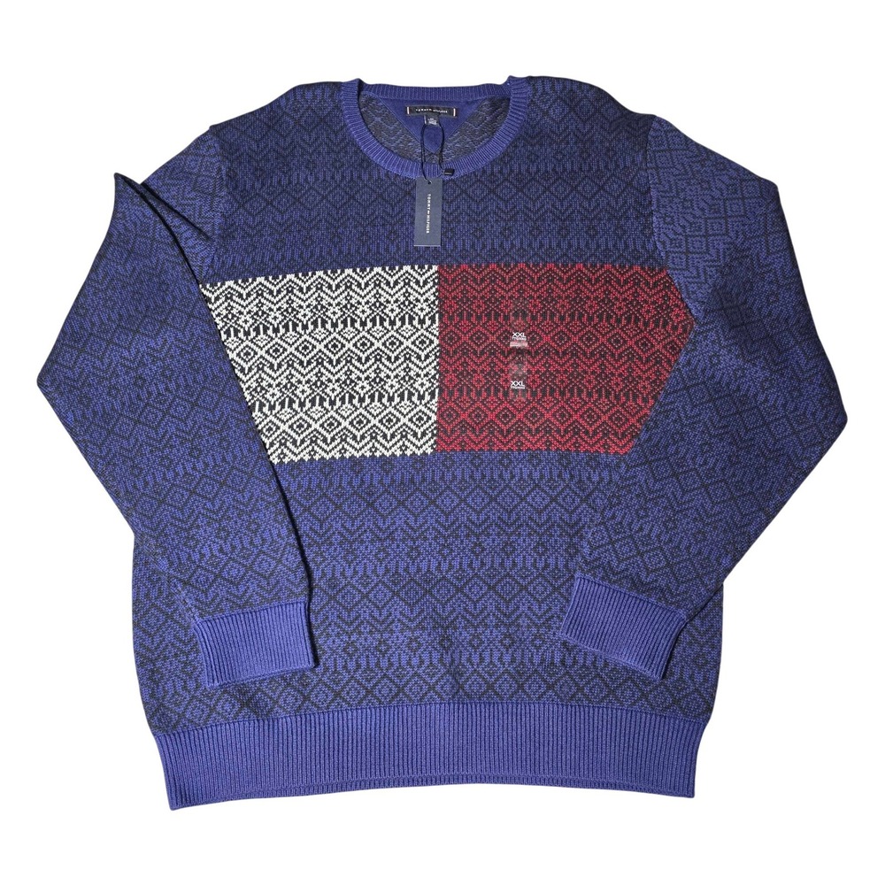 Tommy Hilfiger Fair Isle Flag Colorblock Crewneck Sweater Mens XXL Navy Blue NWT